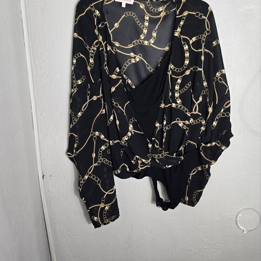 Leyden Womens Large Black Chain Print Long Sleeve Snap Bodysuit - Picture 5 of 10